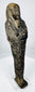 Three-quarter view of a Kushite-Saite period Egyptian shabti with striated wig and hieroglyphic inscription