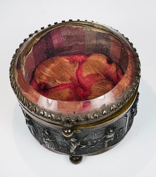 French decorative jewelry casket with dark patina and brass highlights