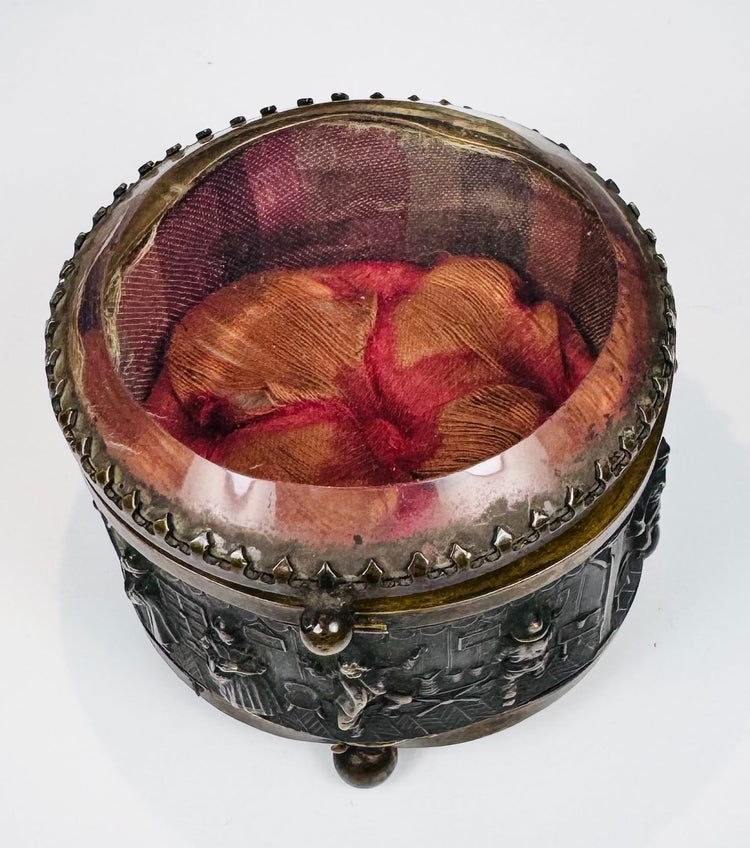 French decorative jewelry casket with dark patina and brass highlights