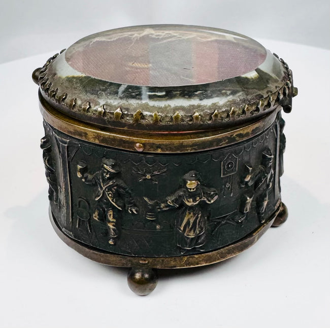 Open antique French casket displaying its surviving period textile lining