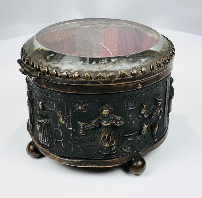 Worn sectional silk cushion inside a 19th-century French jewelry box