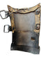 Underside of 15th–16th century continental armour vambrace with original leather straps and rivets, displayed against a white background.