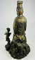 Back view of antique Thai bronze Guanyin sculpture, displaying robe drapery, halo form, and natural patina.