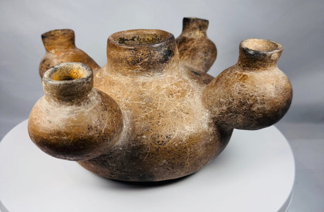 Rare five-spout West Mexican vessel with burnished brown slip