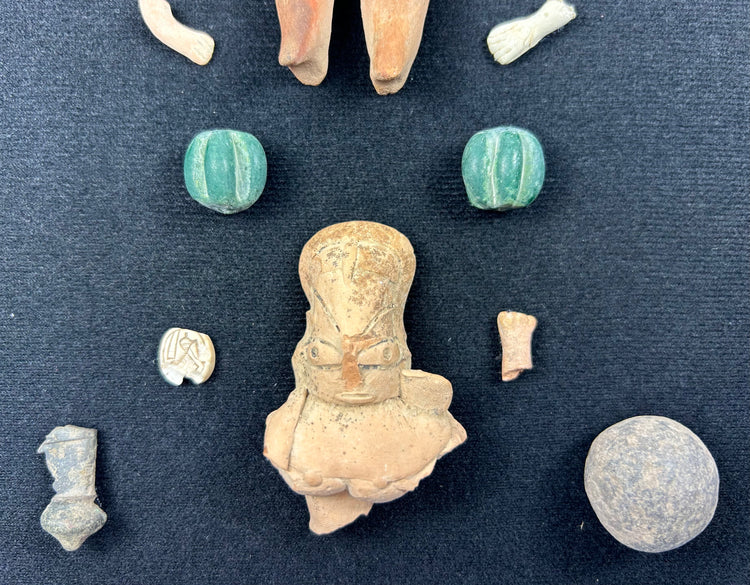 Curated Pre-Columbian | Artifact Shadow Box | Figurines & Beads | Circa 300 BCE–900 CE