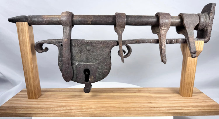 Antique hand-forged iron gate lock with an 18-inch sliding security bar