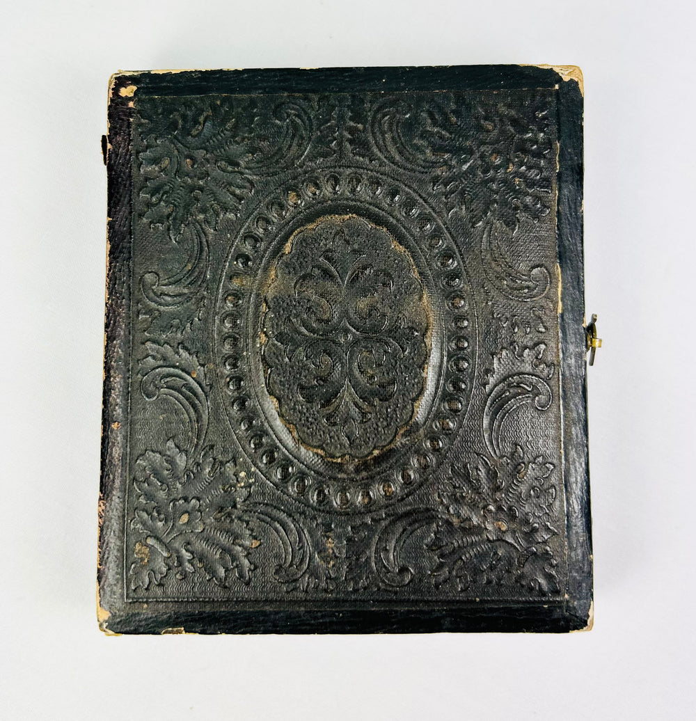 Antique embossed leather ambrotype case from New England, front cover