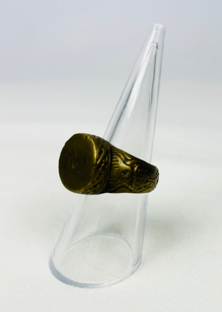 Close-up of antique bronze ring showing aged patina and carved design