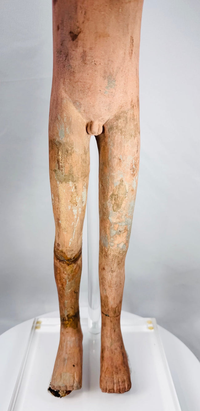 Ancient Chinese funerary figure retaining cream, gray, and pink surface decoration