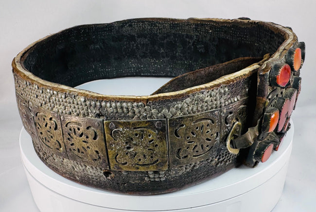 Heavy brass bridal belt with vibrant Cornelian stones traditionally associated with marriage, fertility, vitality, and protection.