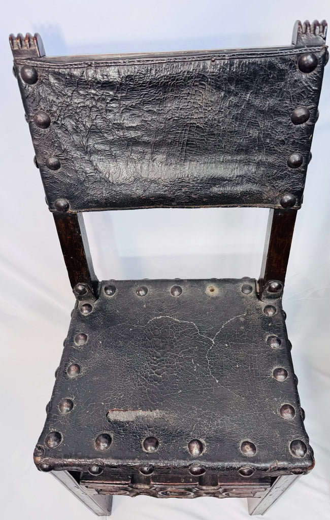 Late 1600s Spanish walnut seating with original-style studded leather panels