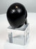 Three-quarter view of a polished black horn skull carving