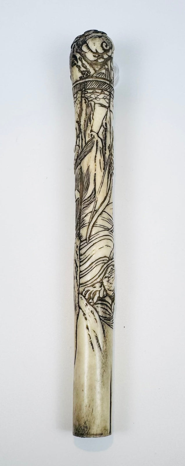 Antique Japanese bone handle with naturally aged cream patina and incised decoration