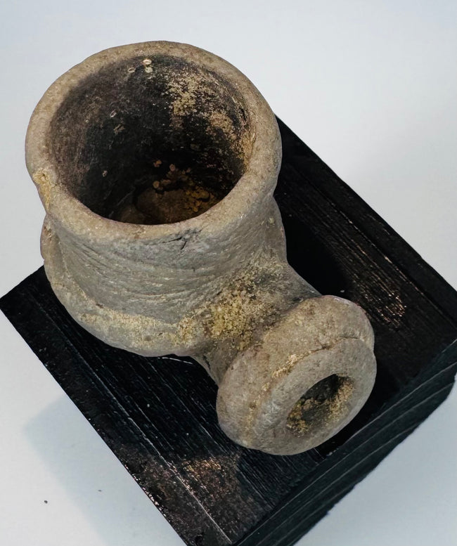 Ancient carved steatite or chlorite pipe with scalloped and diagonal decoration