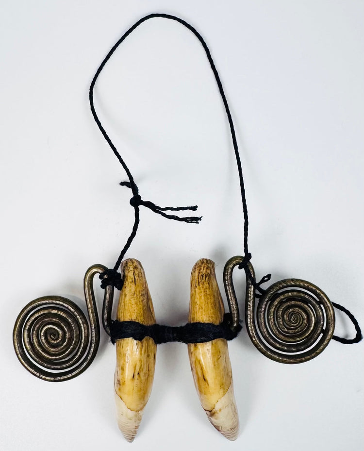 Antique Chang Naga personal adornment with oxidized brass and aged textile binding