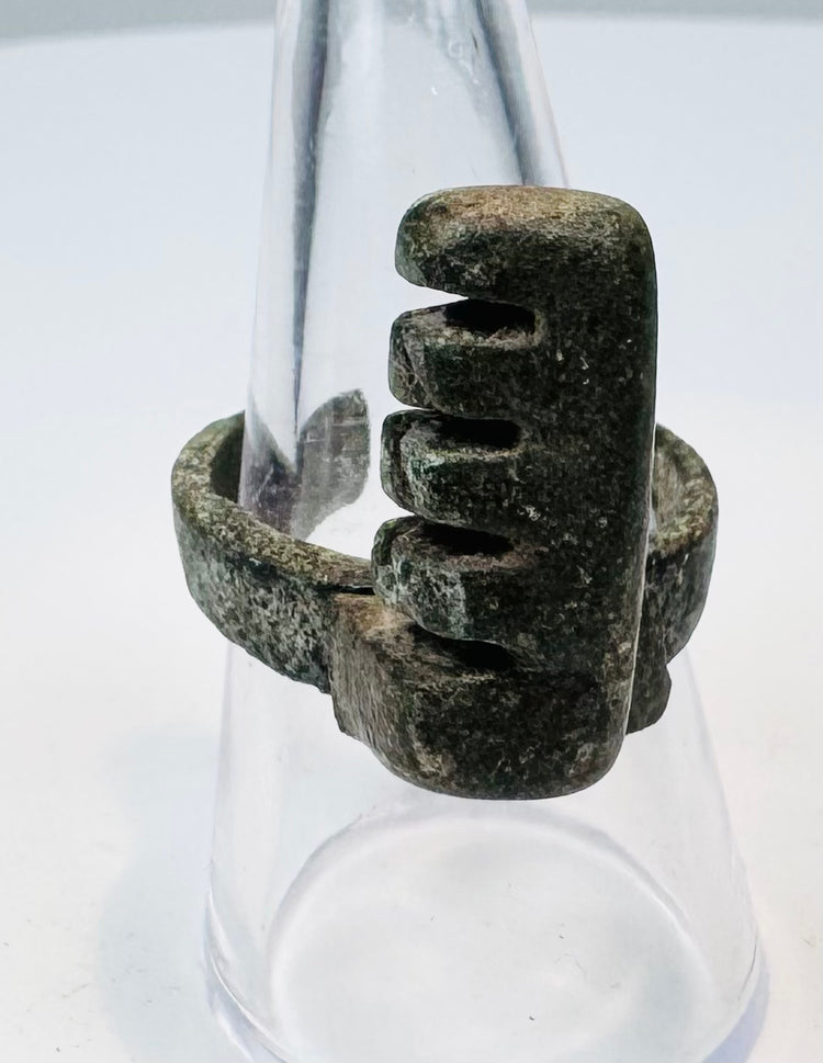 Late Roman cast bronze finger ring with projecting rectangular key mechanism
