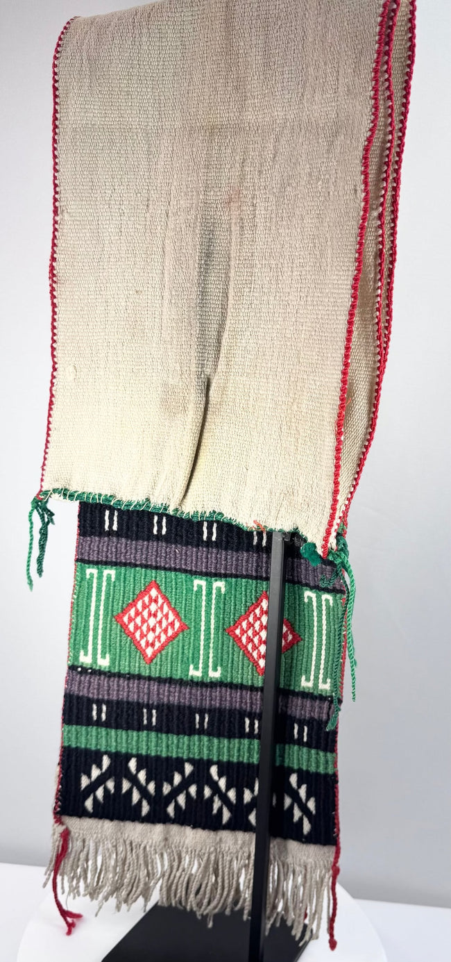 Historic Pueblo dance sash featuring colourful dyed wool embroidery and woven details