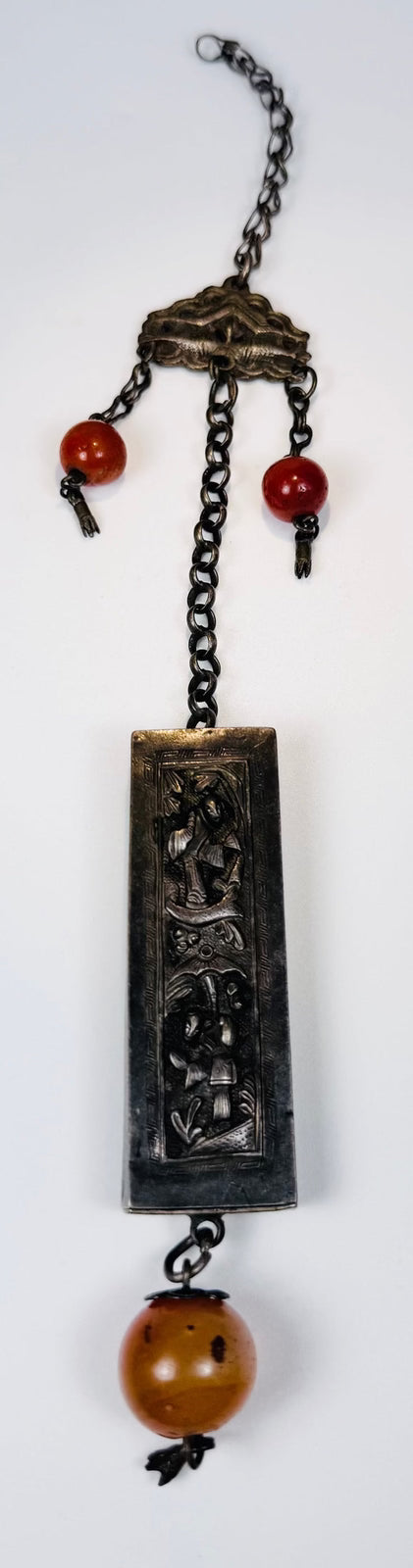 Late Qing Chinese rectangular figural chatelaine pendant with relief decoration and orange-red beads