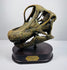 Three-quarter view of a Brachiosaurus skull replica with elongated snout and brass identification plaque