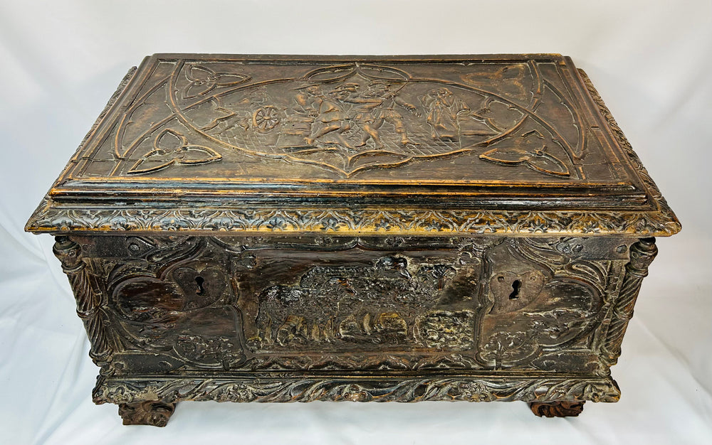 Antique Northern Italian Renaissance valuables chest with sculpted narrative scenes and classical motifs