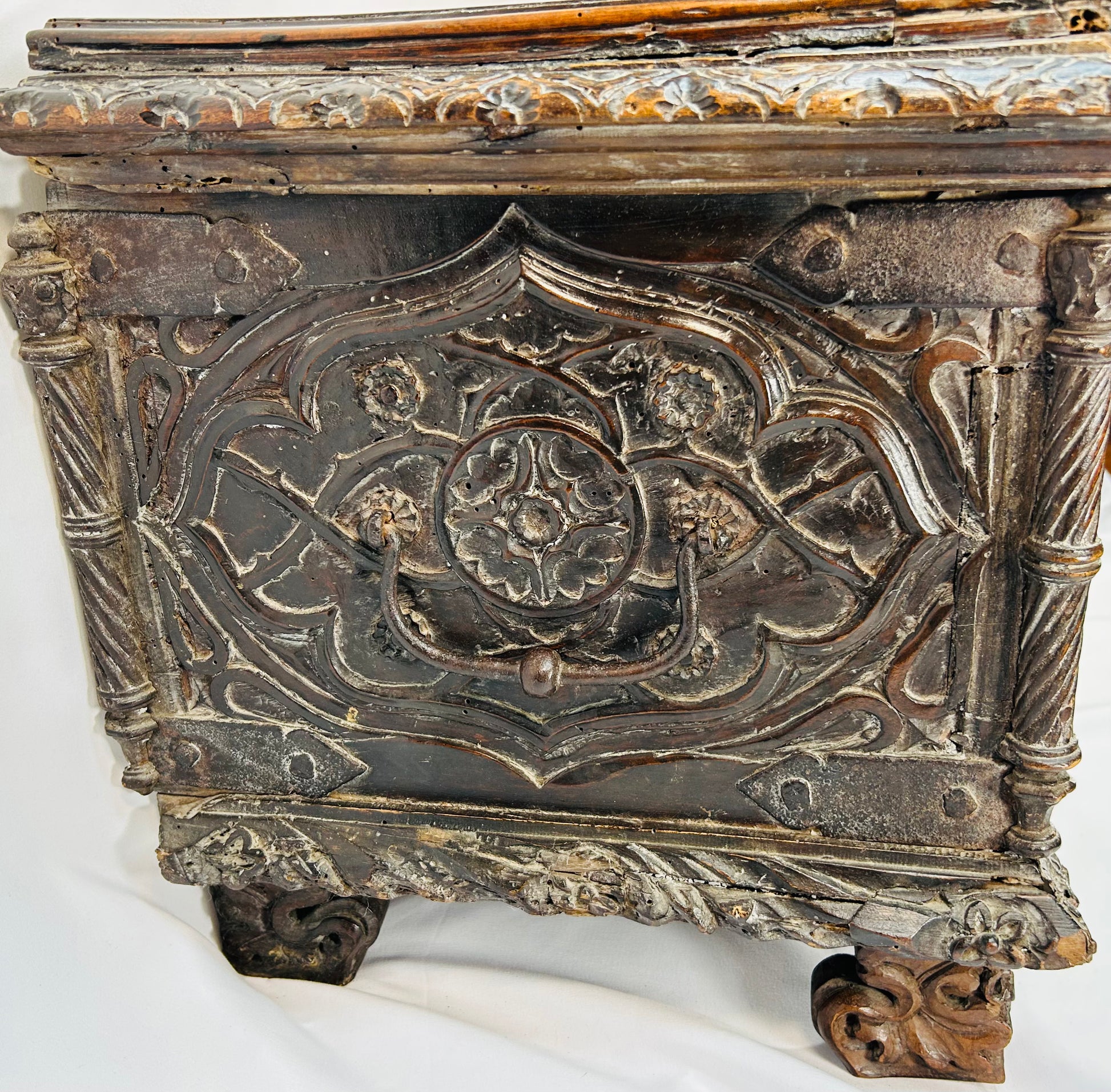 Northern Italy Renaissance hardwood chest with carved lid tableau and richly detailed front panels
