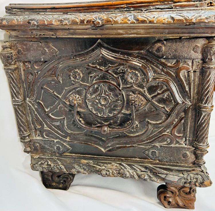 Northern Italy Renaissance hardwood chest with carved lid tableau and richly detailed front panels