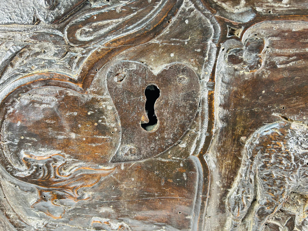 Museum-quality Renaissance valuables chest with carved figures, animals, and architectural reliefs