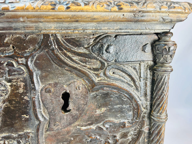 Antique Italian dowry chest with sculptural Renaissance decoration and wrought-iron lock mechanism