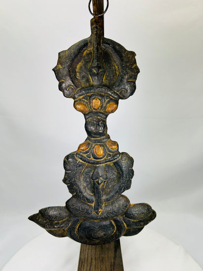Antique Japanese repoussé bronze temple ornament with lotus and tiered vajra design, 15th–17th century