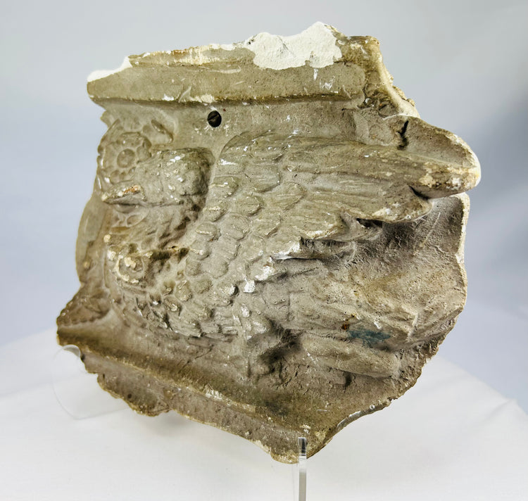 Historical plaster griffin sculpture panel with handwritten Westminster coronation label, circa 1902