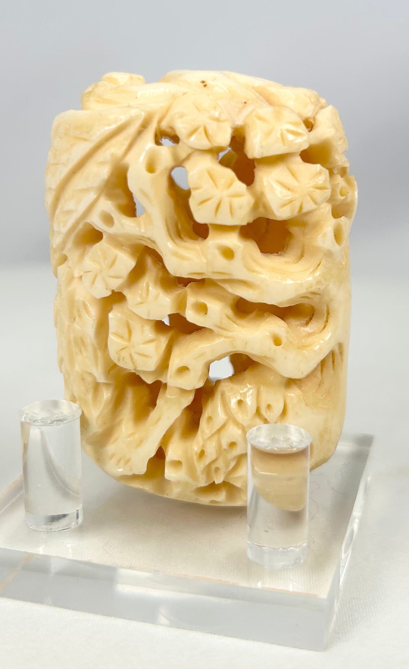 Small Japanese Meiji-era bone carving with detailed birds and natural floral motifs