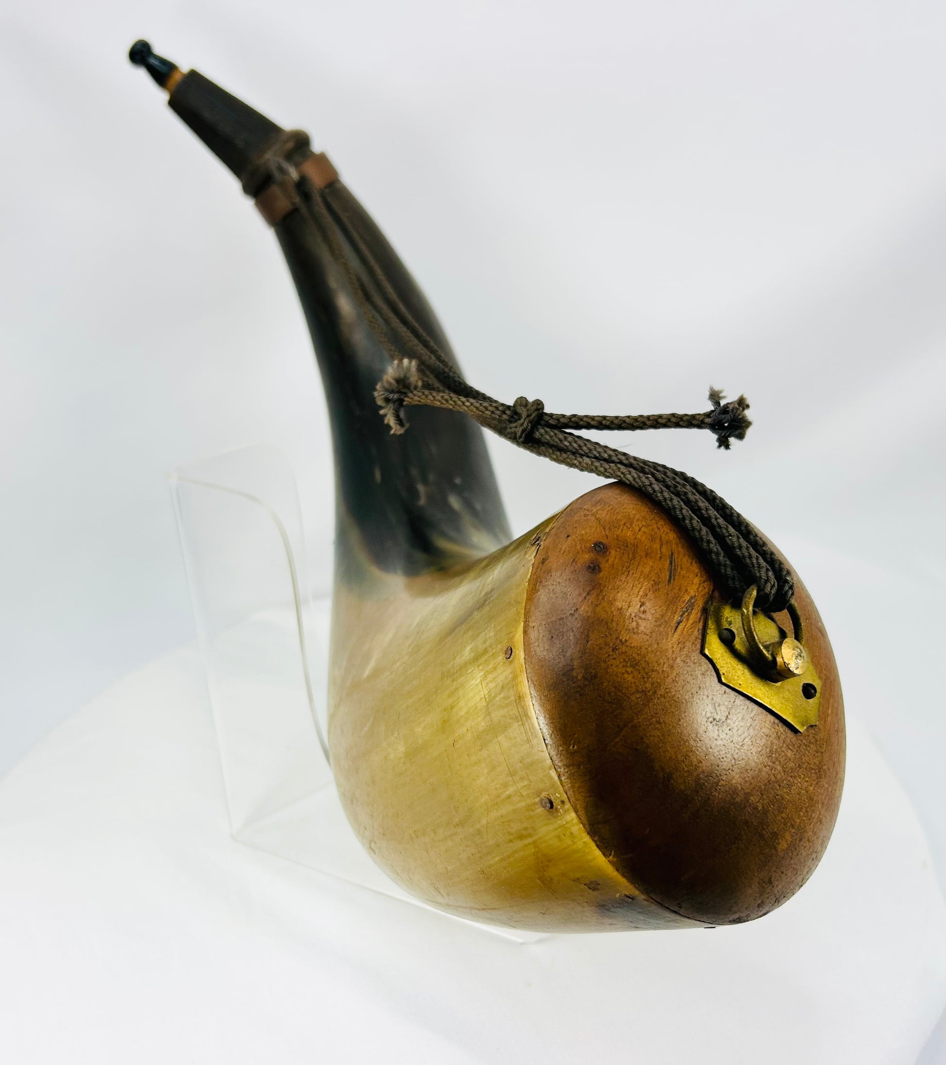 18th–19th century military or frontier black powder horn with tonal horn surface and cord