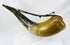 Large display powder horn with natural amber-to-charcoal horn coloration and hand-carved details