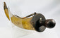 Museum-quality antique powder horn with wooden base and age cracks at spout are
