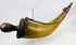 Early firearms era black powder horn with turned wooden plug and aged strap fittings