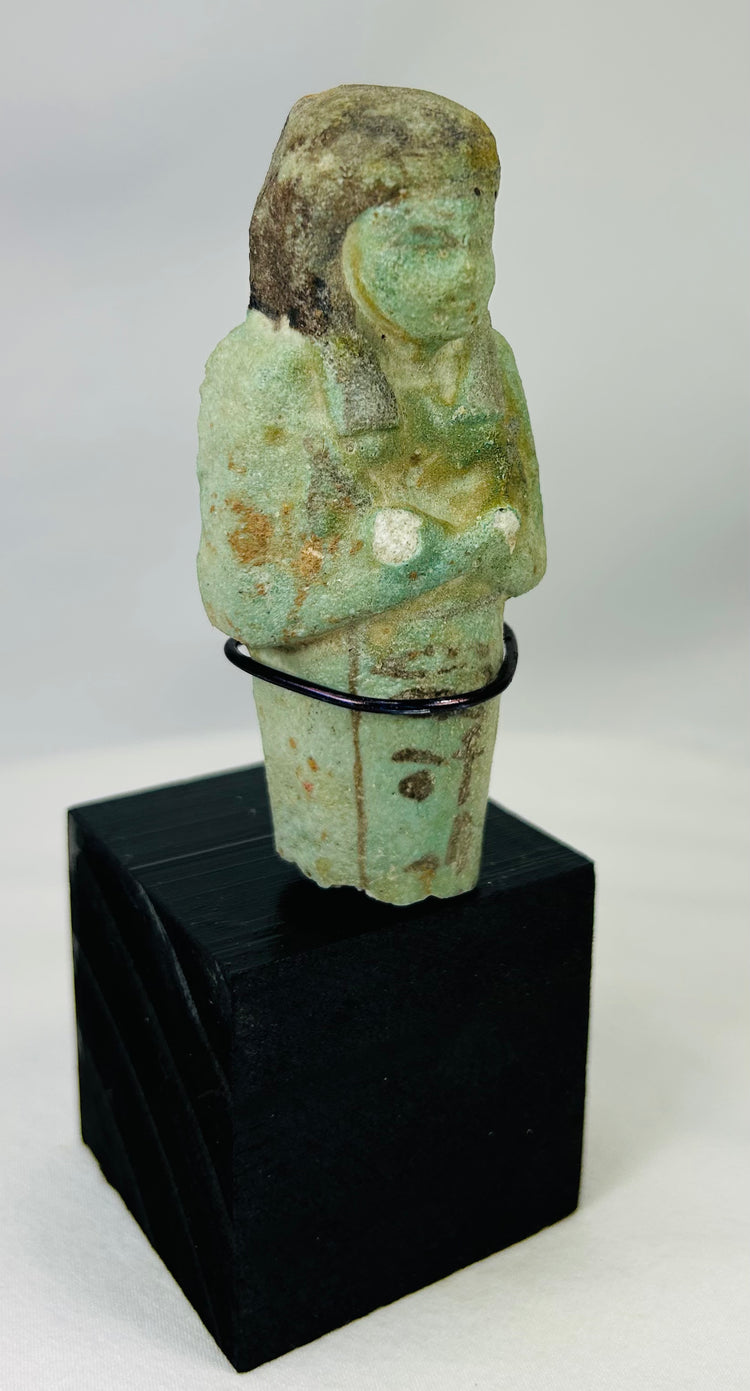 Authentic 26th Dynasty ushabti with hieroglyphic inscription and seed basket on back