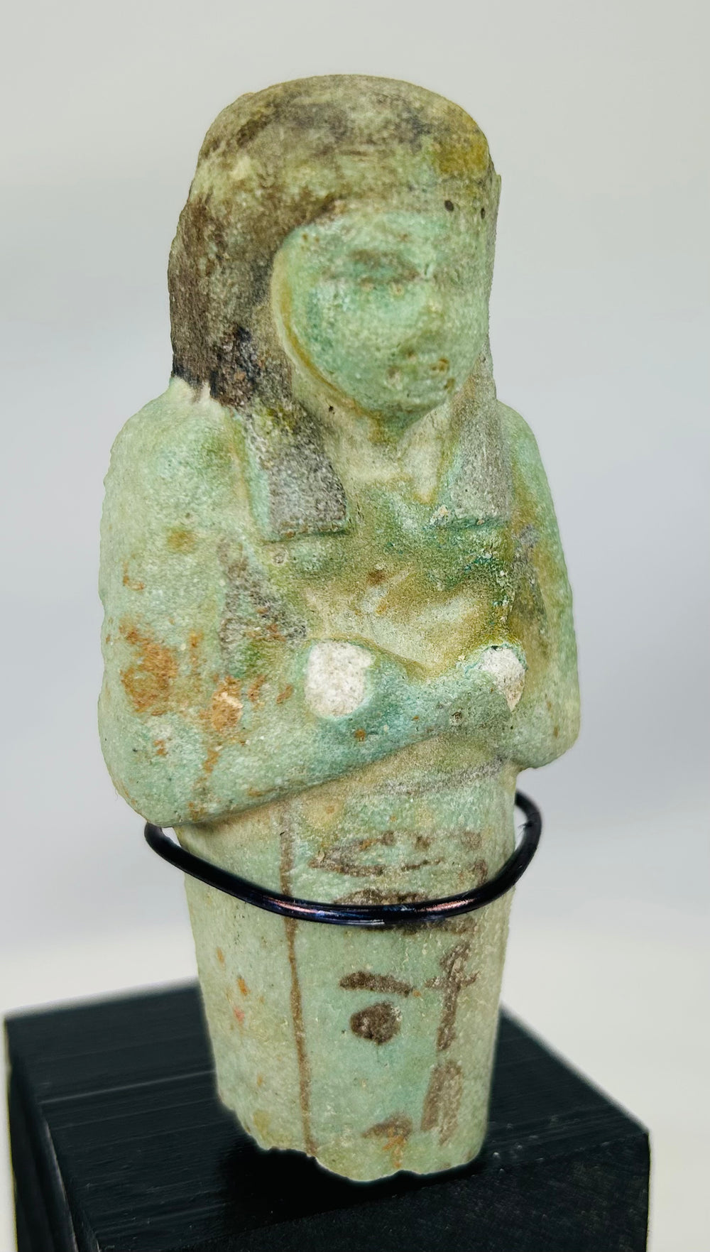 Egyptian ushabti statue mounted on display base, Late Period funerary artifact