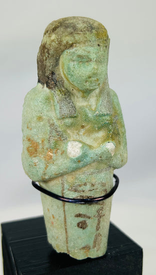 Egyptian ushabti statue mounted on display base, Late Period funerary artifact