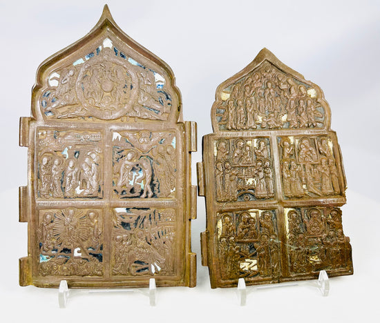 Pair of Russian Imperial era bronze icons with engraved saints and biblical scenes