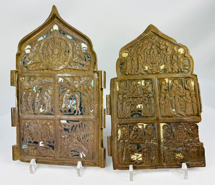 Bronze Orthodox icons with architectural frames and narrative relief scenes