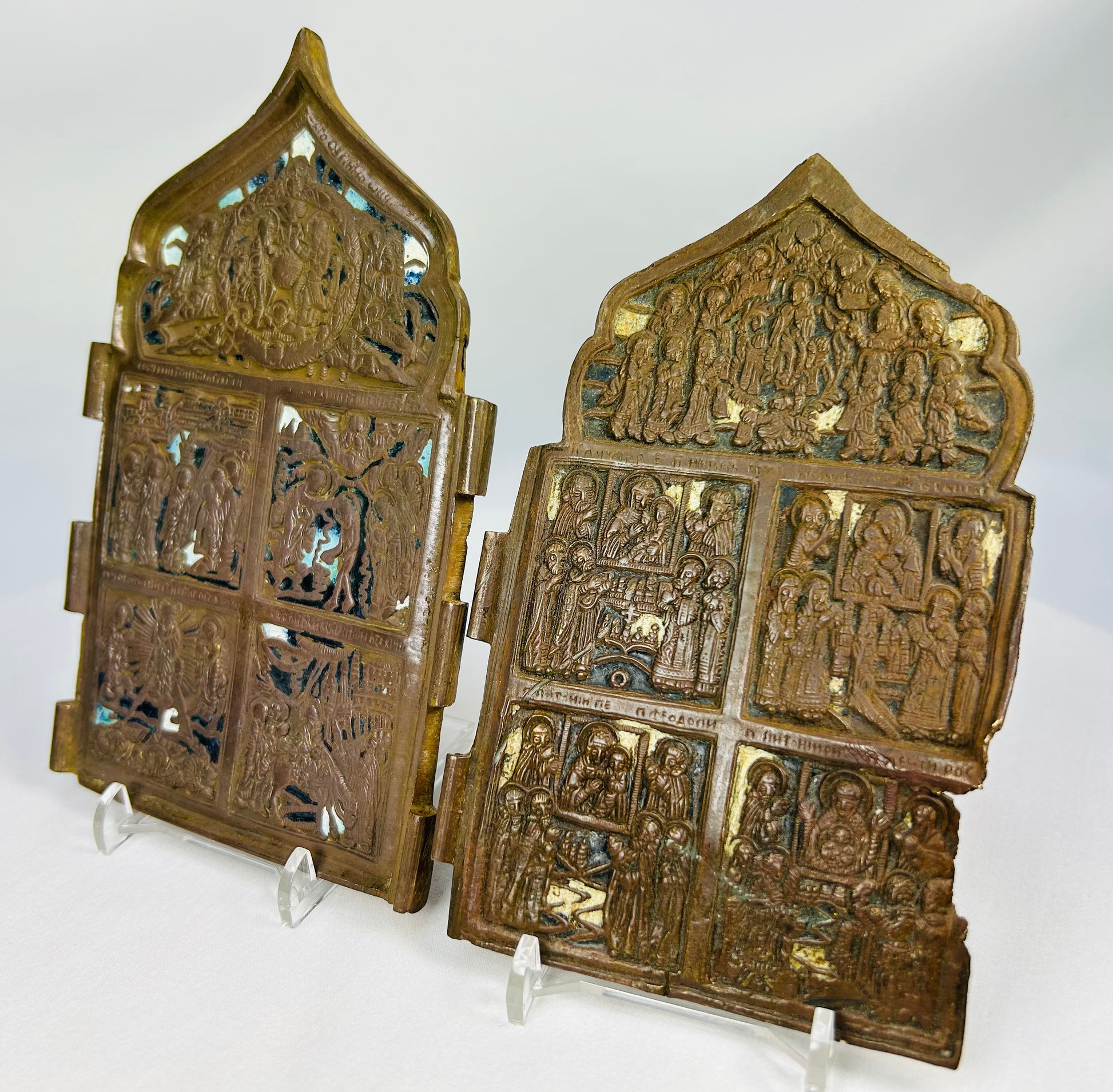 Antique Russian Orthodox traveling prayer icons with detailed religious imagery