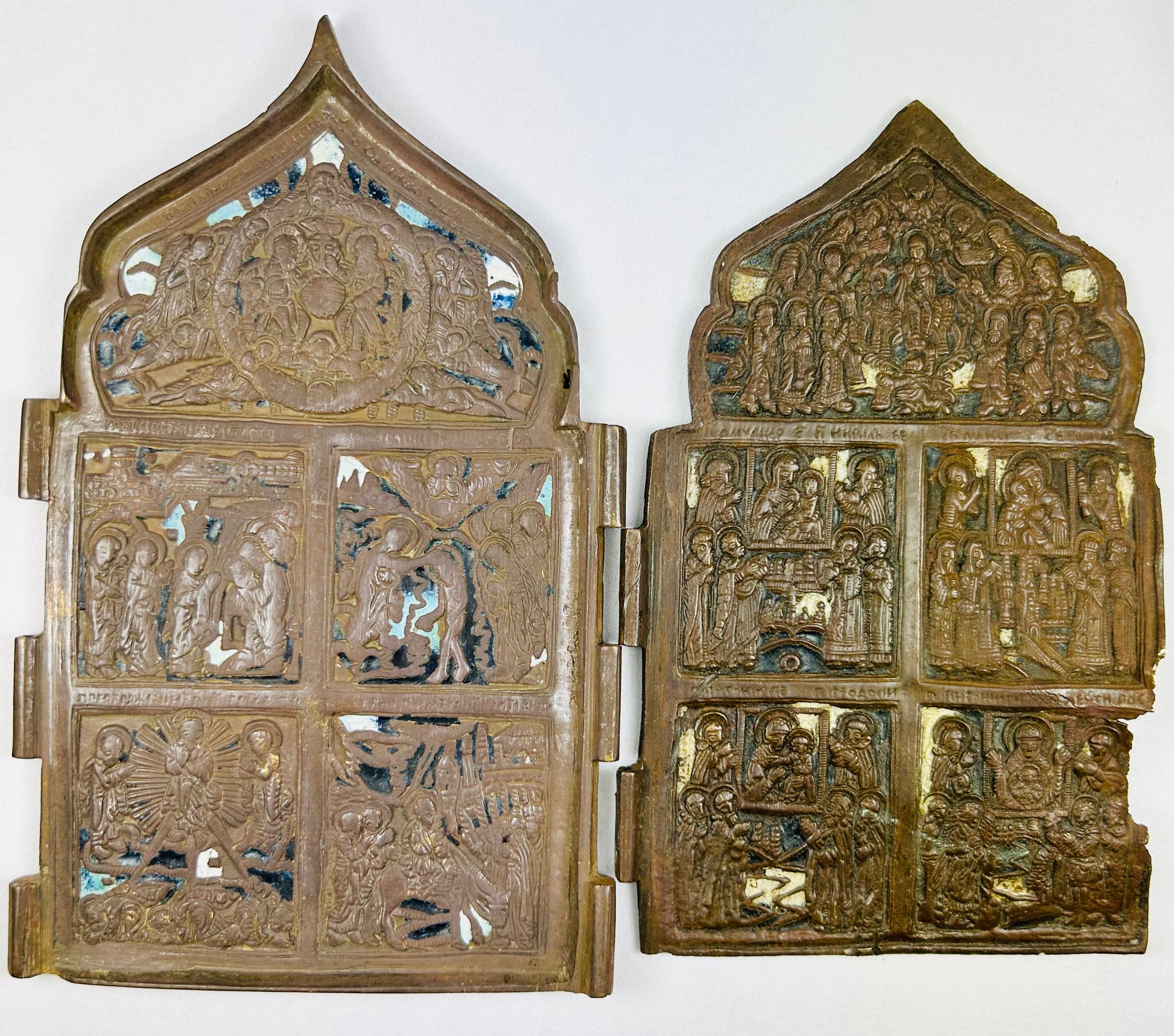 Eastern European Orthodox enamel-decorated bronze icons, centuries old
