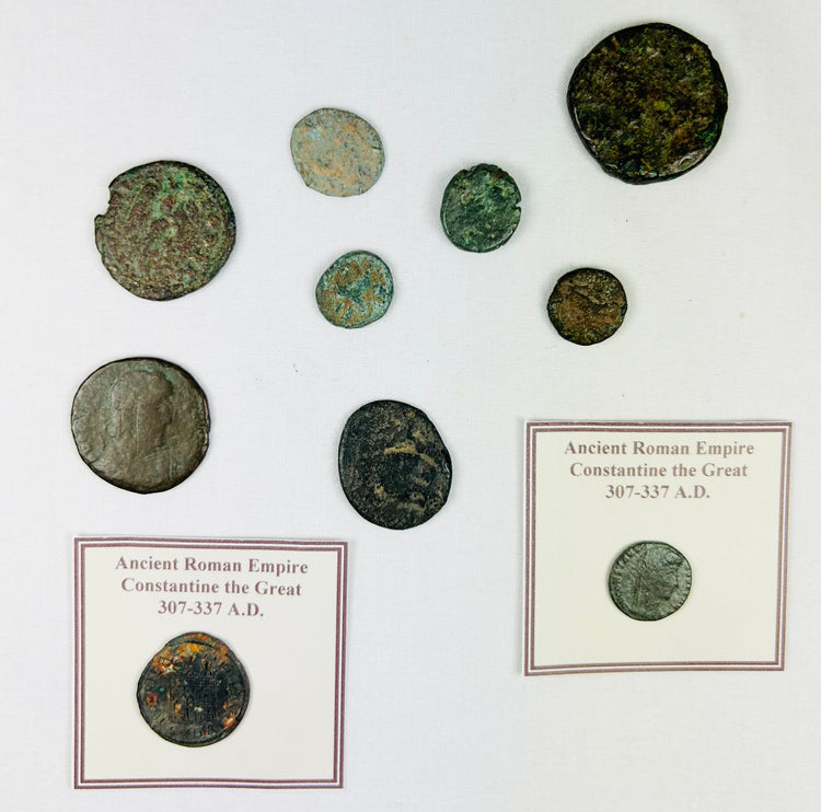 Ancient Roman coin reverse depicting symbolic imperial figure and archaeological surface texture