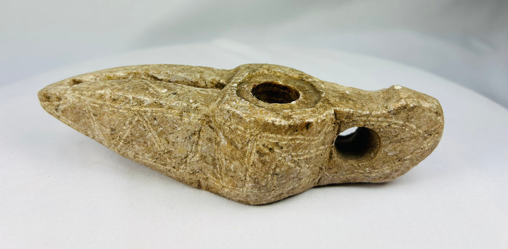 Islamic medieval household oil lamp with incised geometric patterns