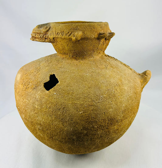 Djenné cultural terracotta ritual jar featuring stylized crocodile head