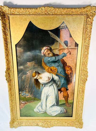 Old Master Italian devotional painting with execution scene and kneeling saint