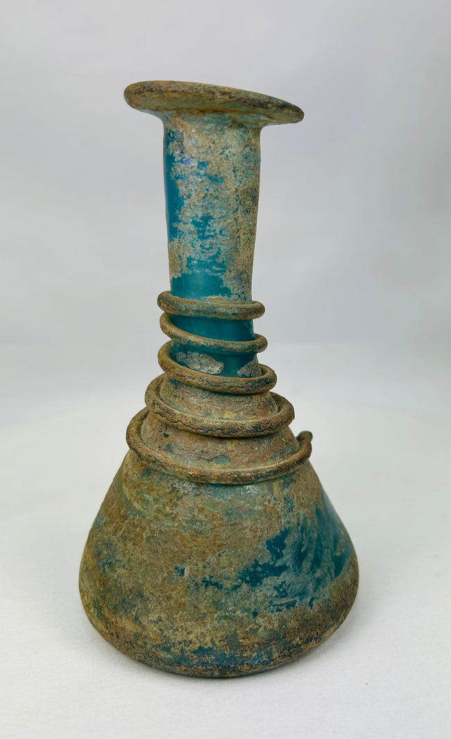 Ancient Roman perfume and oil vessel featuring rare applied spiral ring detail