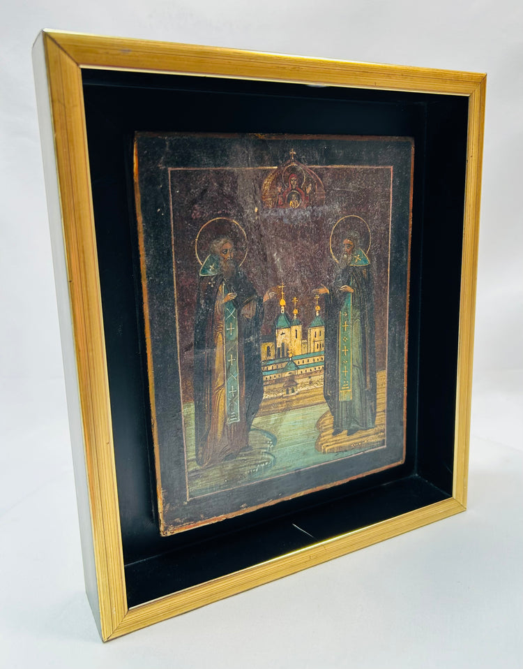 19th century Imperial Russian religious icon depicting holy monastic founders