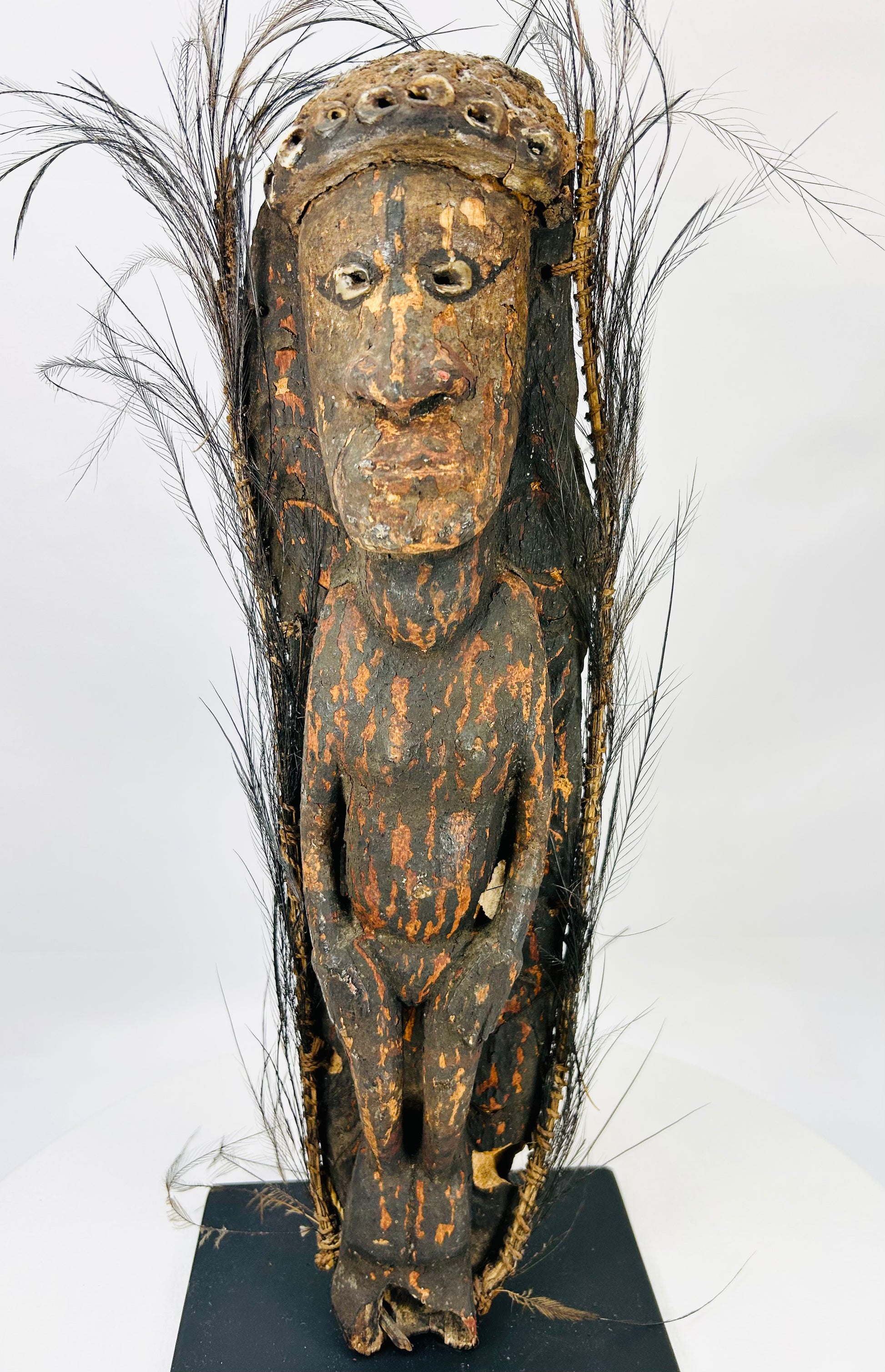 Papua New Guinea tribal ancestor carving with natural feathers and ceremonial wear
