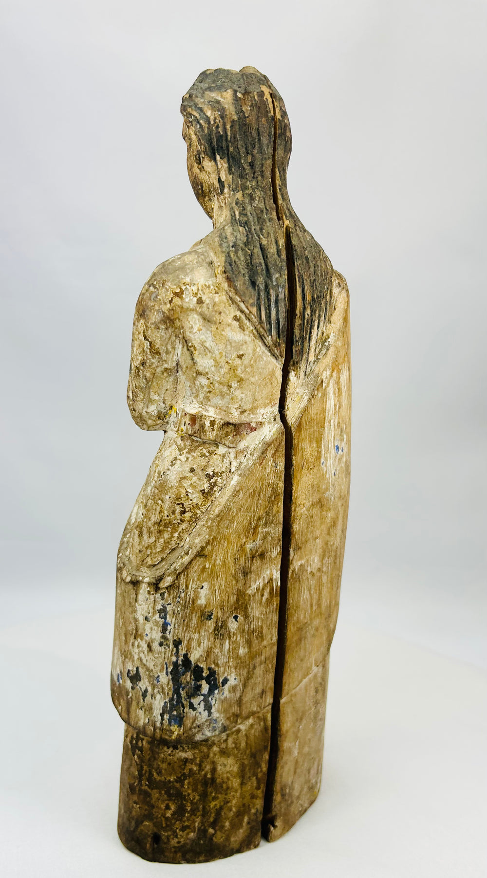 Spanish Colonial sacred devotional figure with original gesso and paint remnants